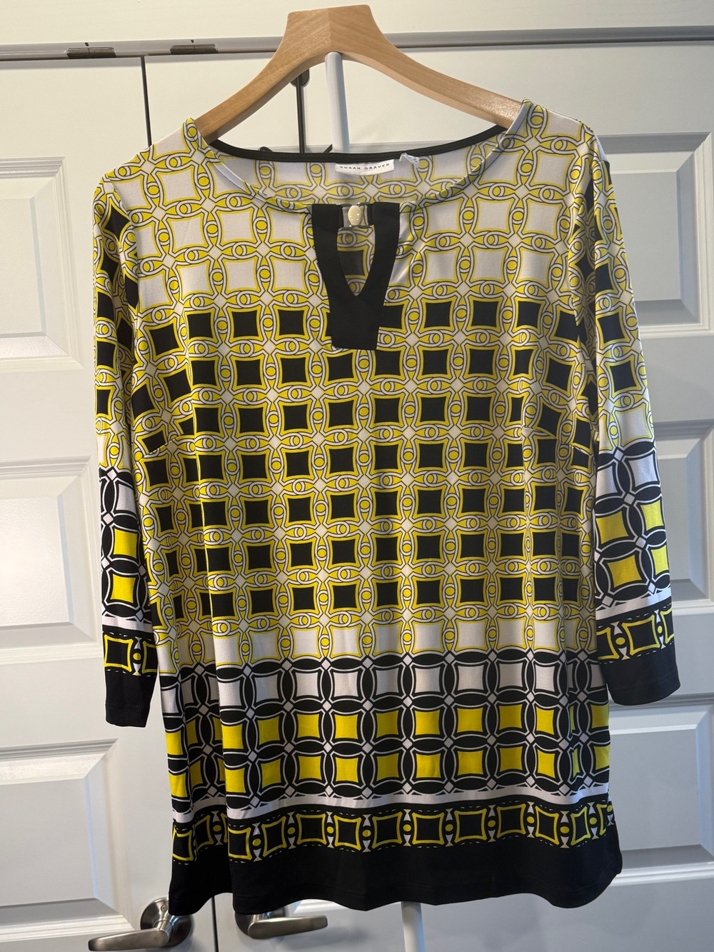 Susan Graver Yellow & Black Geometric-Keyhole Tunic